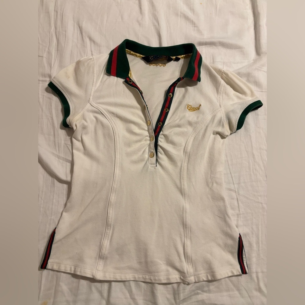 COOGI white polo, red and green stripe gold size large Y2K vintage